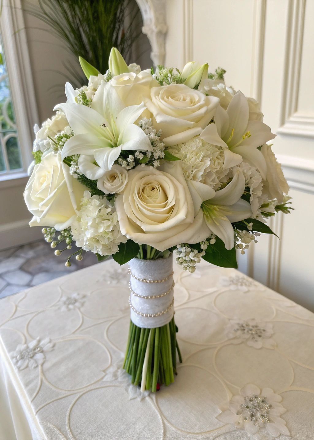 hoa cưới trắng hoa hồng sang trọng